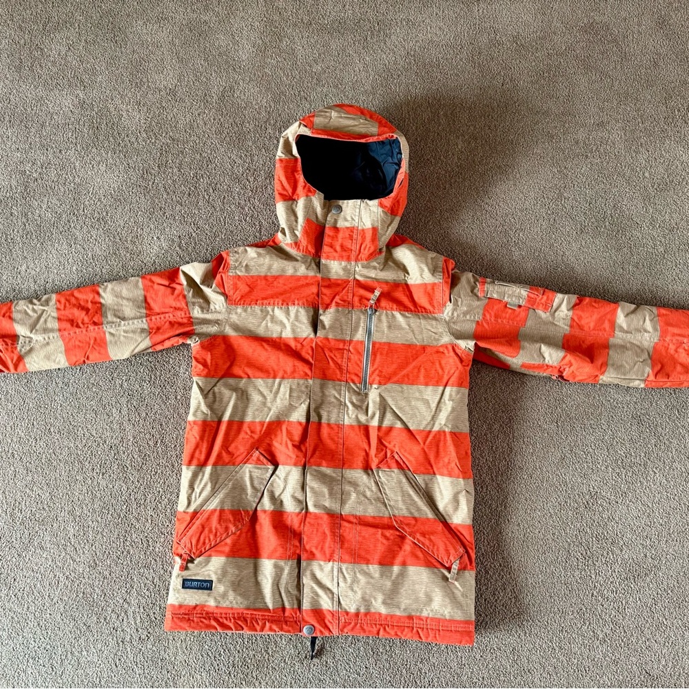 Burton Men's Ski Jacket Orange and Tan Striped Hooded Coat